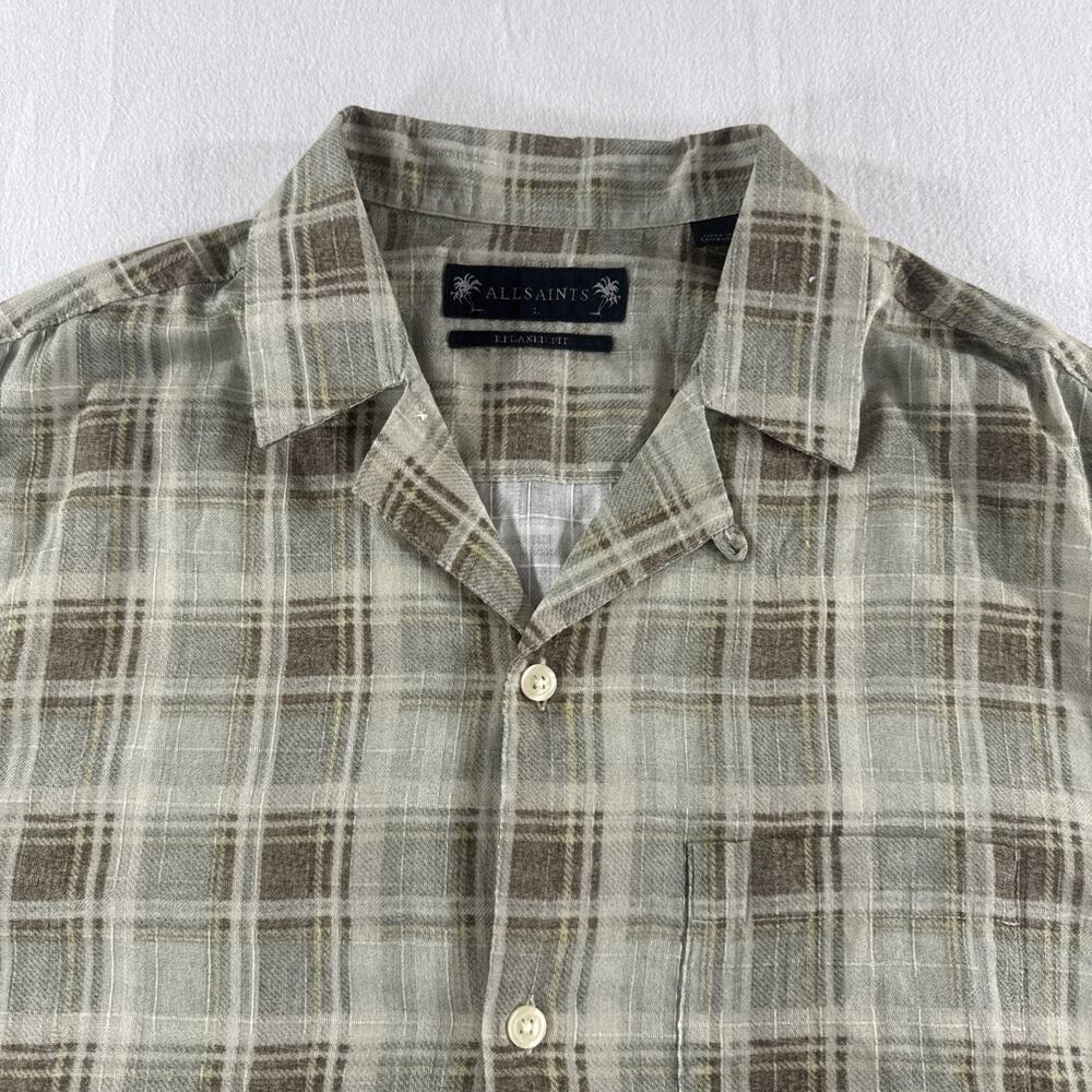 All Saints Men’s Seattle Check Plaid Short Sleeve Camp Shirt Relaxed Fit Large